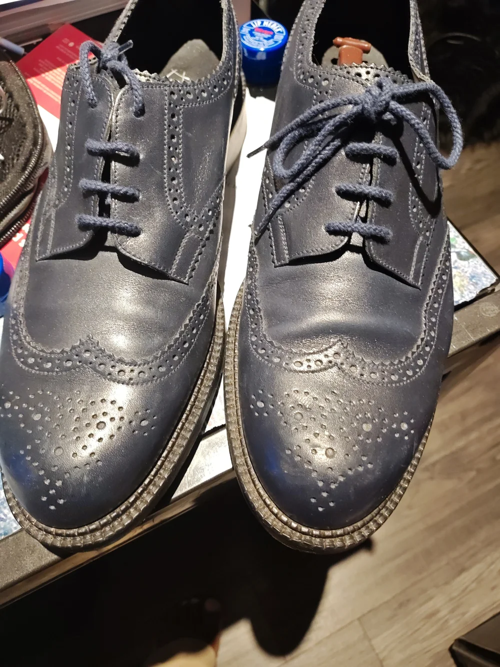 Men's Navy Leather Wingtip Derby Shoes - Classic Brogue Finish
